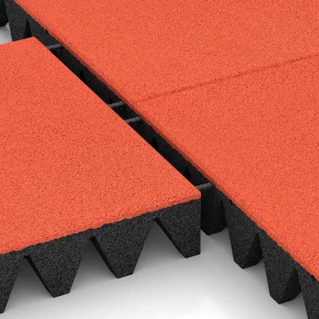 Großaufnahme vom Verbindungssystem von WARCO-Boden 0742 - Piastra antitrauma im Farbdesign Rosso Arancio Chiaro. Abmessungen 500 x 500 x 100 mm.