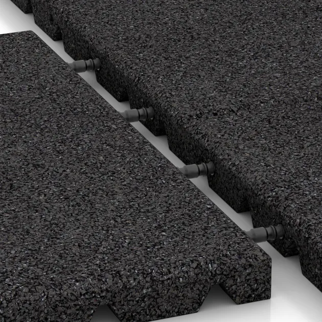 Großaufnahme vom Verbindungssystem von WARCO-Boden 0520 - Fallschutzplatte im Farbdesign Anthrazit. Abmessungen 400 x 400 x 30 mm.