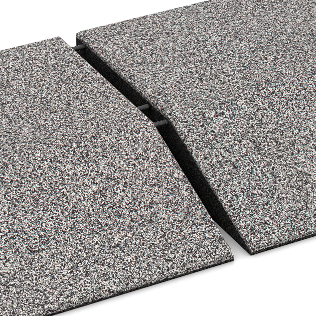 Großaufnahme vom Verbindungssystem von WARCO-Boden 4505 - Lastra laterale (uno lato smussato) im Farbdesign Grigio melange. Abmessungen 500 x 500 x 100 mm.