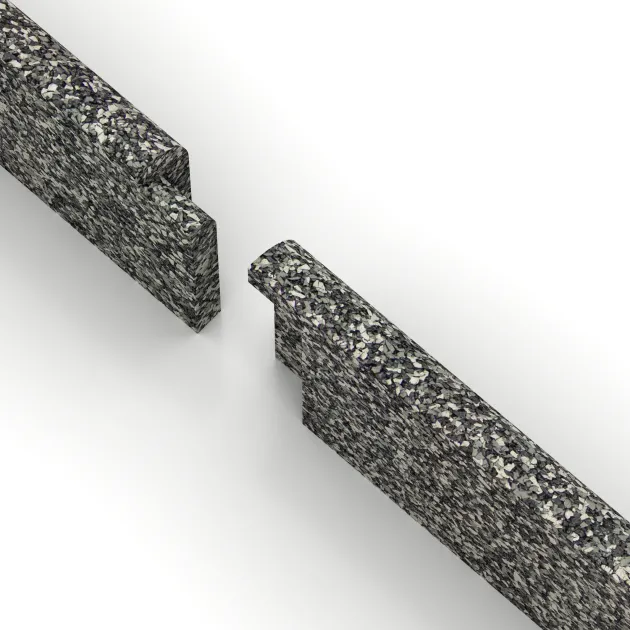 Großaufnahme vom Verbindungssystem von WARCO-Boden 2257 - Wandschutz Sockelleiste im Farbdesign Grauer Granit. Abmessungen 750 x 20 x 80 mm.