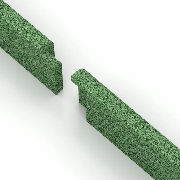 Großaufnahme vom Verbindungssystem von WARCO-Boden 4295 - Wandschutz Sockelleiste im Farbdesign Blassgrün. Abmessungen 750 x 20 x 80 mm.