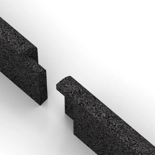 Großaufnahme vom Verbindungssystem von WARCO-Boden 2263 - Wandschutz Sockelleiste im Farbdesign Anthrazit. Abmessungen 750 x 20 x 80 mm.