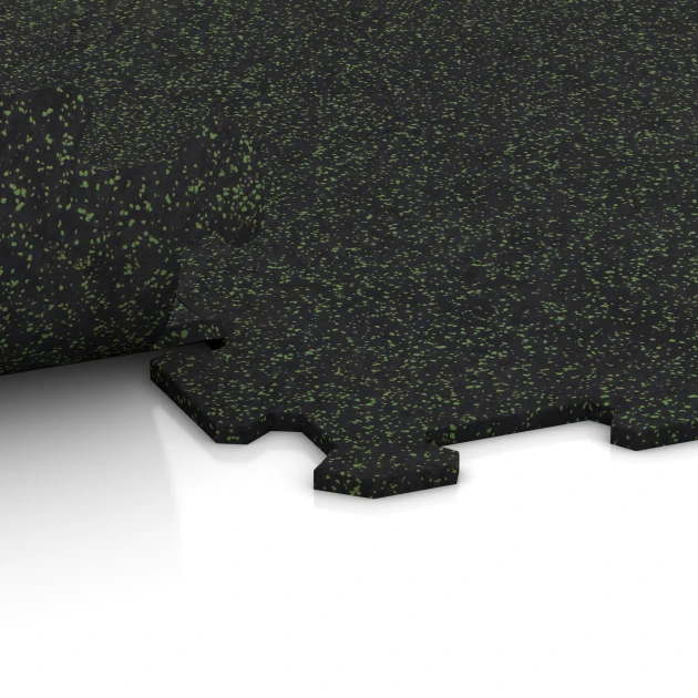 Großaufnahme vom Verbindungssystem von WARCO-Boden 1058 - Fitnessboden Kompakt im Farbdesign Leicht Grün Gesprenkelt. Abmessungen 970 x 970 x 8 mm | 0,94 m.