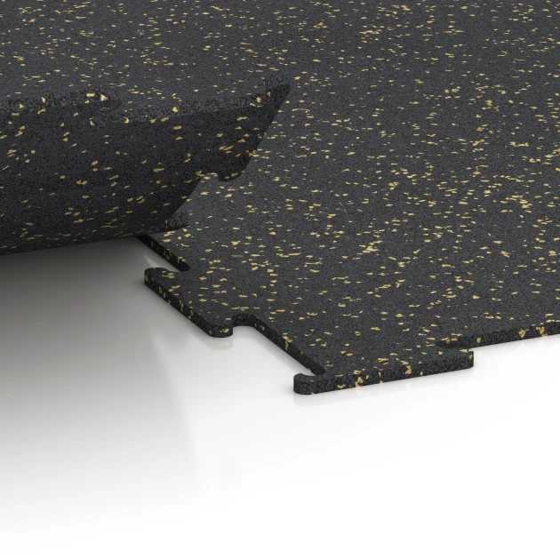 Großaufnahme vom Verbindungssystem von WARCO-Boden 6454 - Pavimento Fitness Compatto im Farbdesign Giallo leggermente punteggiato. Abmessungen 100 × 100 × 0,8 cm.