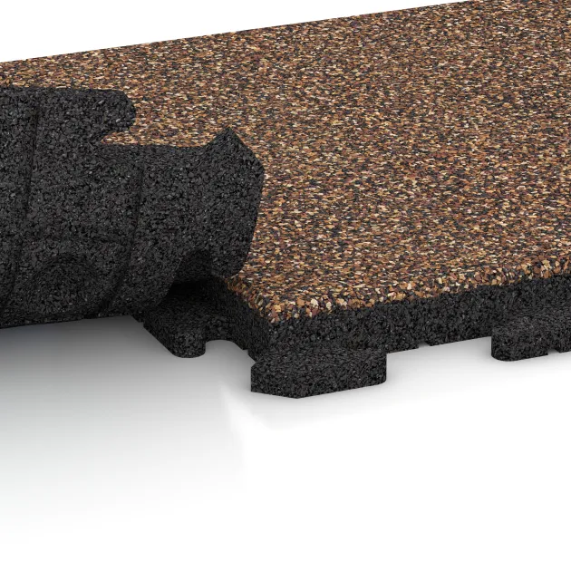 Großaufnahme vom Verbindungssystem von WARCO-Boden 1295 - Piastrella da terrazza Classic im Farbdesign Caffè latte. Abmessungen 500 x 500 x 40 mm.