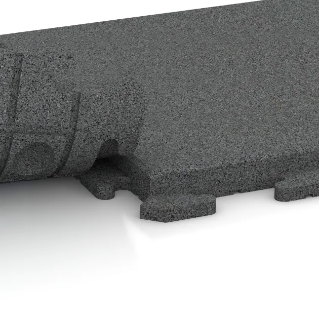 Großaufnahme vom Verbindungssystem von WARCO-Boden 1384 - Terrassenplatte Classic im Farbdesign Schiefergrau. Abmessungen 500 x 500 x 40 mm.