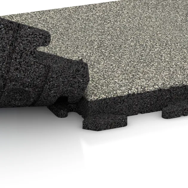 Großaufnahme vom Verbindungssystem von WARCO-Boden 1423 - Piastrella da esterno Classic im Farbdesign Granito chiaro. Abmessungen 500 x 500 x 50 mm.