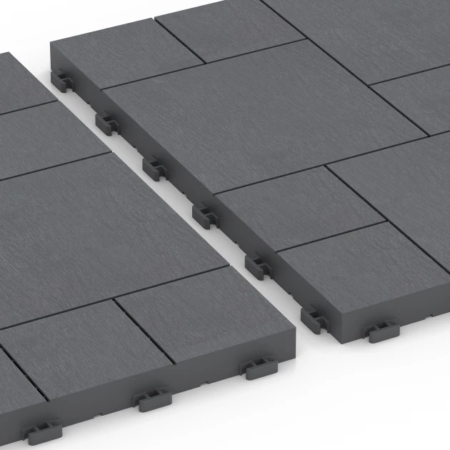 Großaufnahme vom Verbindungssystem von WARCO-Boden 6330 - Motivo a blocchi – Piastrella a incastro im Farbdesign Grigio argento. Abmessungen 38,5 x 38,5 x 2 cm.