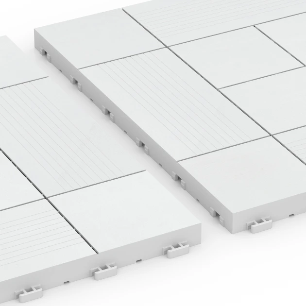 Großaufnahme vom Verbindungssystem von WARCO-Boden 6235 - Tafelmuster – Klickfliese im Farbdesign Kreide. Abmessungen 38,5 x 38,5 x 2 cm.