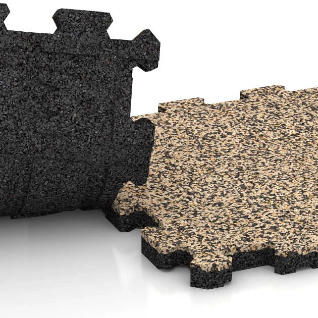 Großaufnahme vom Verbindungssystem von WARCO-Boden 5426 - Treppenfliese im Farbdesign Travertin. Abmessungen 306 x 306 x 20 mm.