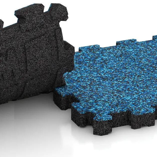 Großaufnahme vom Verbindungssystem von WARCO-Boden 5421 - Sportboden – fugenlos im Farbdesign Atlantik. Abmessungen 306 x 306 x 30 mm.