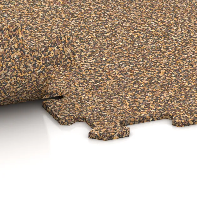 Großaufnahme vom Verbindungssystem von WARCO-Boden 1032 - Fitnessboden Kompakt im Farbdesign Rattan Lounge. Abmessungen 970 x 970 x 8 mm | 0,94 m.