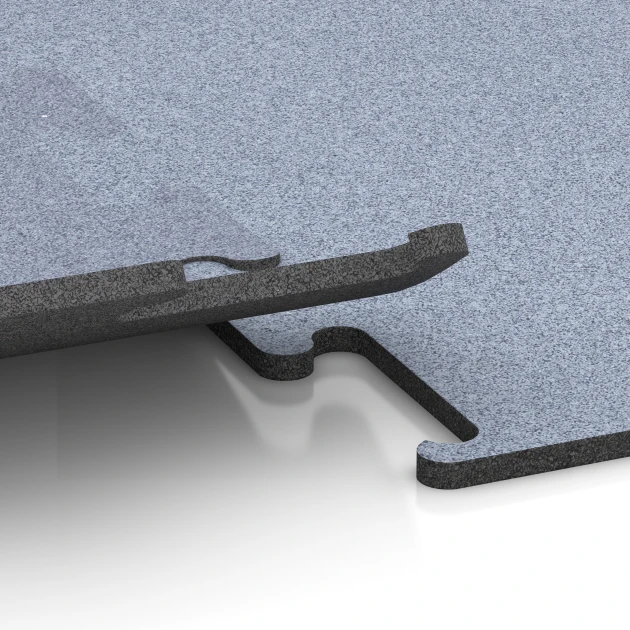 Großaufnahme vom Verbindungssystem von WARCO-Boden 6148 - Fitness Performance Elite Pavimento Sportivo im Farbdesign Grigio nebbia. Abmessungen 100 x 100 x 1,5 cm | 1,00 m².