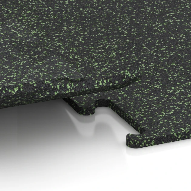 Großaufnahme vom Verbindungssystem von WARCO-Boden 3771 - Fitness Performance Elite Trainingsboden im Farbdesign Leicht Grün Gesprenkelt. Abmessungen 50 x 50 x 1,5 cm | 0,25 m².
