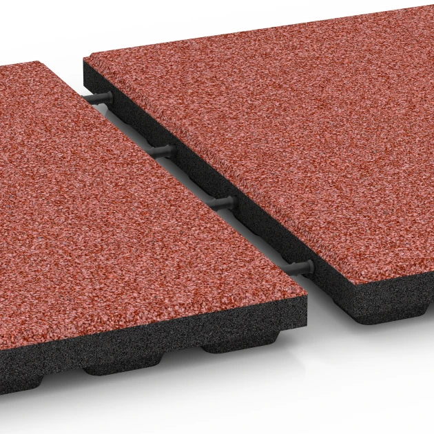 Großaufnahme vom Verbindungssystem von WARCO-Boden 6373 - Terrassenplatte Classic im Farbdesign Tomatenrot. Abmessungen 50 x 50 x 4 cm.