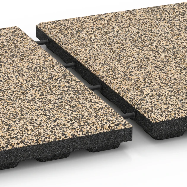 Großaufnahme vom Verbindungssystem von WARCO-Boden 6428 - Piastrella antitrauma – 120 cm im Farbdesign Travertino. Abmessungen 50 x 50 x 4 cm.