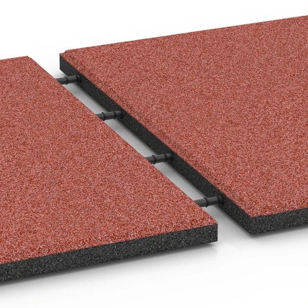Großaufnahme vom Verbindungssystem von WARCO-Boden 6128 - Fallschutzmatte – 95 cm im Farbdesign Tomatenrot. Abmessungen 50 x 50 x 3 cm | 0,25 m².