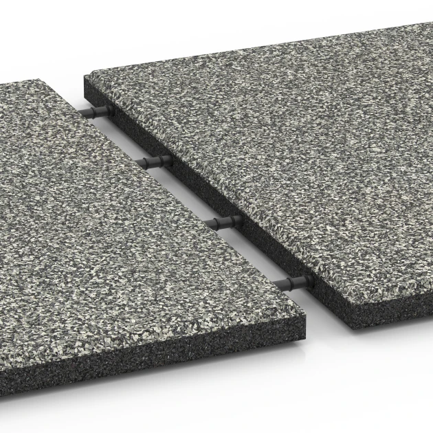 Großaufnahme vom Verbindungssystem von WARCO-Boden 6414 - Fallschutzplatte – 90 cm im Farbdesign Grauer Granit. Abmessungen 50 x 50 x 3 cm | 0,25 m².