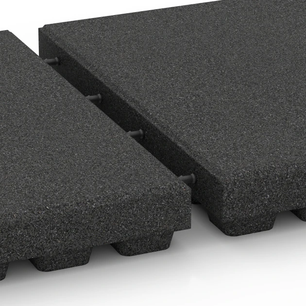 Großaufnahme vom Verbindungssystem von WARCO-Boden 6295 - Fallschutzplatten im Farbdesign Anthrazit. Abmessungen 50 x 50 x 7 cm.