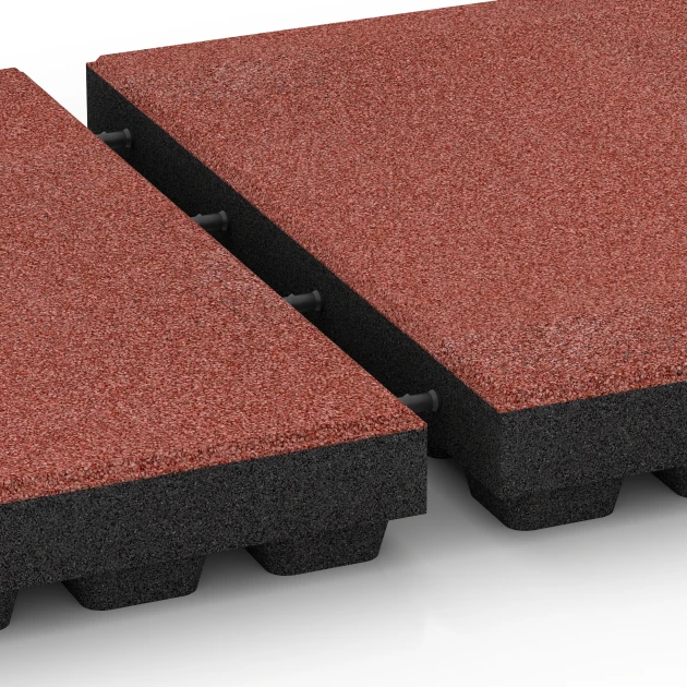 Großaufnahme vom Verbindungssystem von WARCO-Boden 6296 - Piastrelle antitrauma im Farbdesign Rosso pomodoro. Abmessungen 50 x 50 x 7 cm.