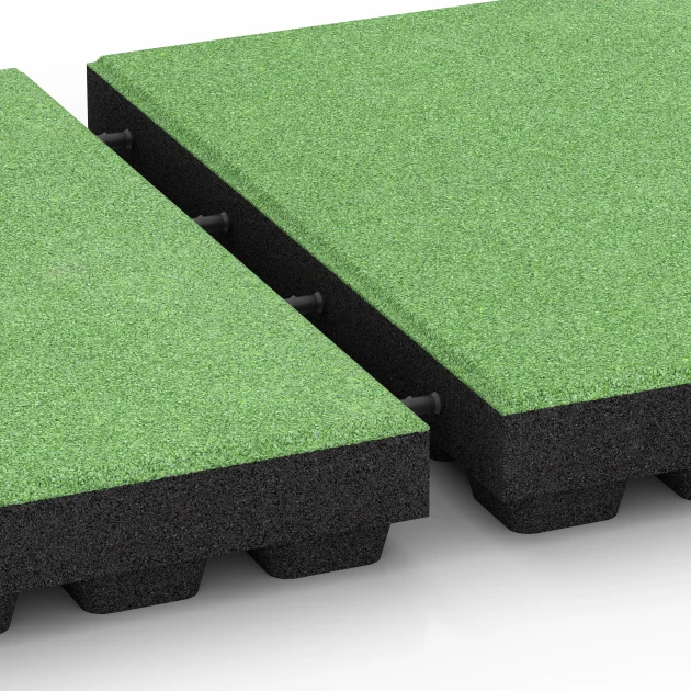 Großaufnahme vom Verbindungssystem von WARCO-Boden 6297 - Fallschutzplatten im Farbdesign Lindgrün. Abmessungen 50 x 50 x 7 cm.