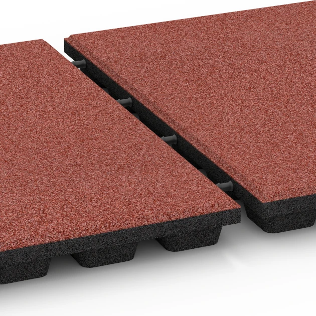Großaufnahme vom Verbindungssystem von WARCO-Boden 6292 - Piastrelle antitrauma im Farbdesign Rosso pomodoro. Abmessungen 50 x 50 x 4,8 cm.