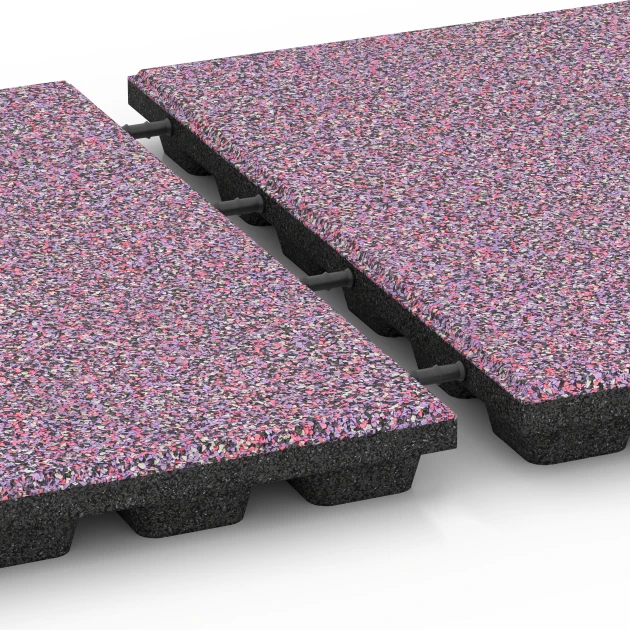 Großaufnahme vom Verbindungssystem von WARCO-Boden 6436 - Piastrella antitrauma – 160 cm im Farbdesign Lavanda. Abmessungen 50 x 50 x 4,8 cm.