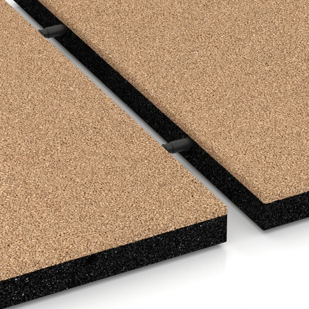 Großaufnahme vom Verbindungssystem von WARCO-Boden 6222 - Fallschutzplatten im Farbdesign Sandbeige. Abmessungen 50 x 50 x 4 cm.