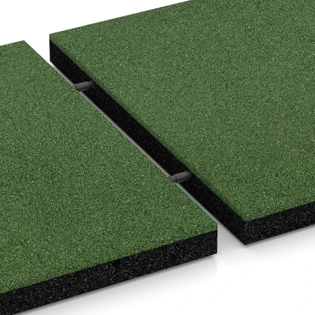 Großaufnahme vom Verbindungssystem von WARCO-Boden 6261 - Piastrella antitrauma – 150 cm im Farbdesign Verde erba. Abmessungen 50 x 50 x 4,5 cm.