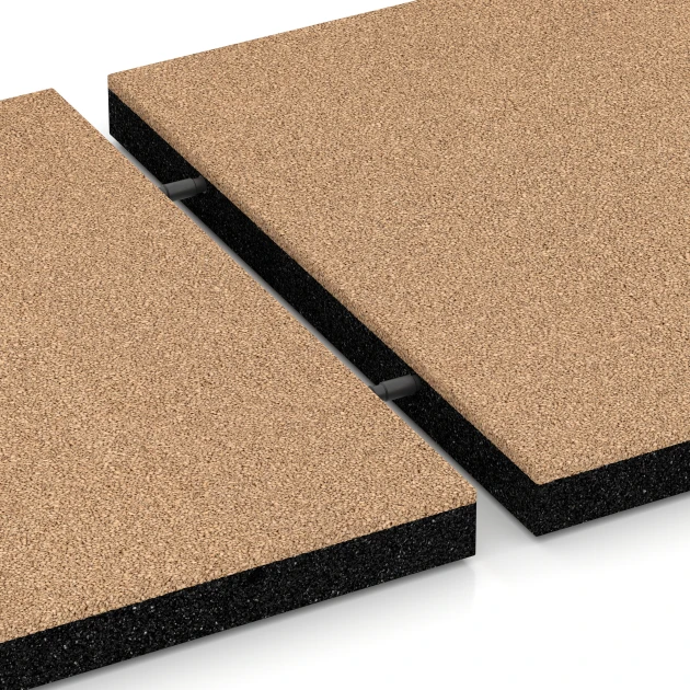 Großaufnahme vom Verbindungssystem von WARCO-Boden 6225 - Fallschutzplatten im Farbdesign Sandbeige. Abmessungen 50 x 50 x 4,5 cm.