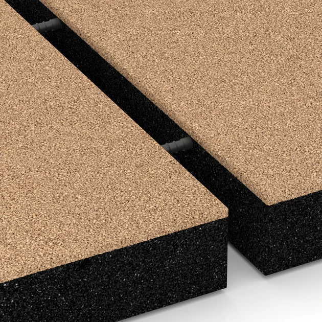 Großaufnahme vom Verbindungssystem von WARCO-Boden 6234 - Piastrelle antitrauma im Farbdesign Beige sabbia. Abmessungen 50 x 50 x 8 cm.