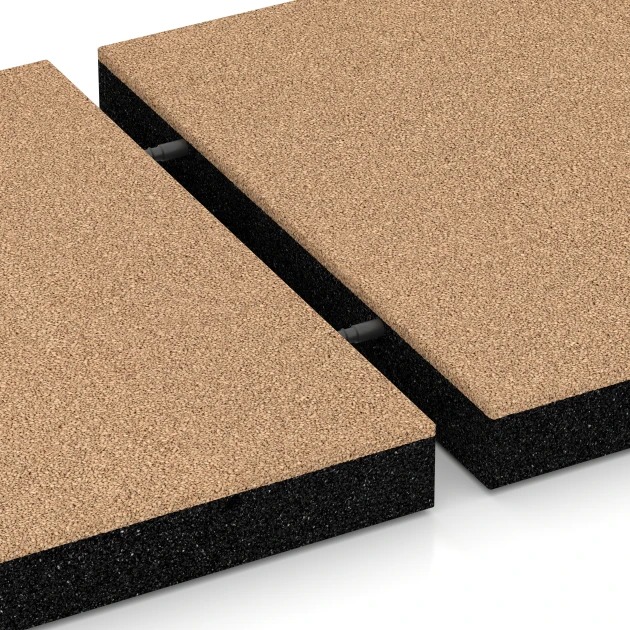 Großaufnahme vom Verbindungssystem von WARCO-Boden 6270 - Fallschutzplatte – 180 cm im Farbdesign Sandbeige. Abmessungen 50 x 50 x 6 cm.