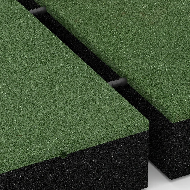 Großaufnahme vom Verbindungssystem von WARCO-Boden 6211 - Piastrelle antitrauma im Farbdesign Verde erba. Abmessungen 50 x 50 x 11 cm.