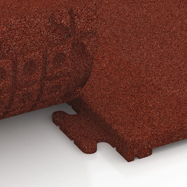 Großaufnahme vom Verbindungssystem von WARCO-Boden 6976 - Piastrella per pavimento fitness Classic im Farbdesign Rosso mattone. Abmessungen 50 x 50 x 3 cm | 0,25 m².