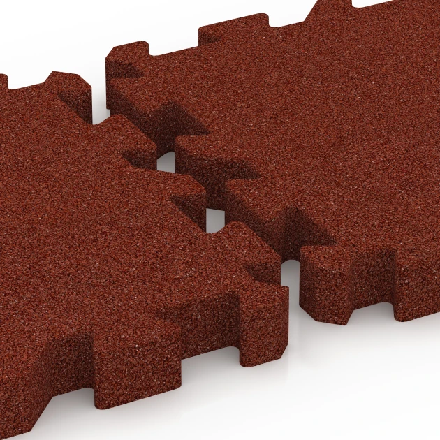 Großaufnahme vom Verbindungssystem von WARCO-Boden 6406 - Fallschutzplatte – 220 cm im Farbdesign Ziegelrot. Abmessungen 50 x 50 x 6 cm | 0,25 m².