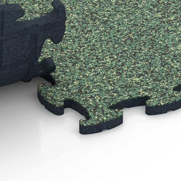 Großaufnahme vom Verbindungssystem von WARCO-Boden 6861 - Fitness Max Floor System im Farbdesign Prato inglese. Abmessungen 44,6 x 44,6 x 1,8 cm.
