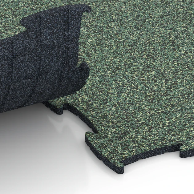 Großaufnahme vom Verbindungssystem von WARCO-Boden 6834 - Fitness Active pavimento im Farbdesign Prato inglese. Abmessungen 97,1 x 97,1 × 1,8 cm.
