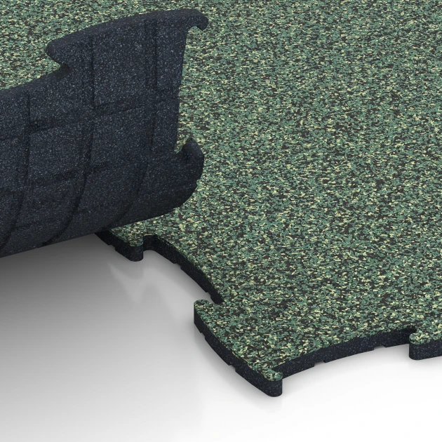 Großaufnahme vom Verbindungssystem von WARCO-Boden 6870 - Fitness Max Floor System im Farbdesign Englischer Rasen. Abmessungen 97,1 x 97,1 × 1,8 cm.
