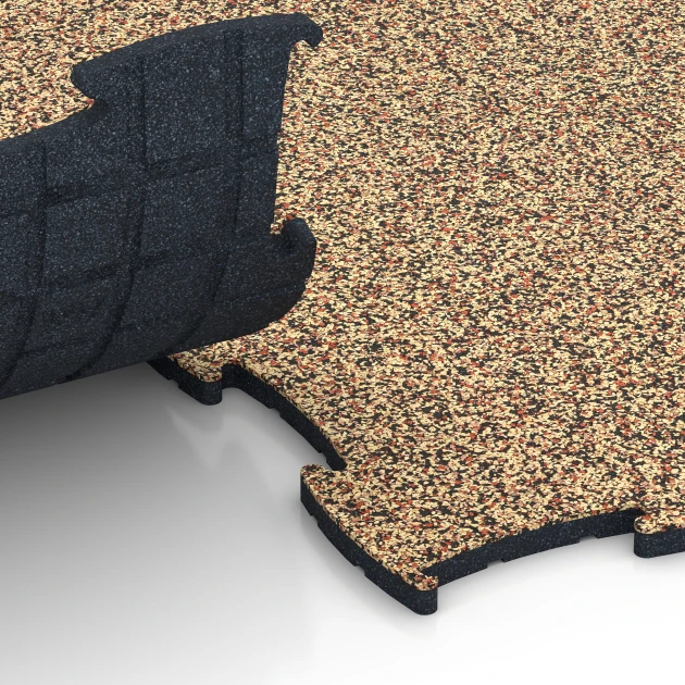 Großaufnahme vom Verbindungssystem von WARCO-Boden 6871 - Fitness Max Floor System im Farbdesign Terra Cotta. Abmessungen 97,1 x 97,1 × 1,8 cm.