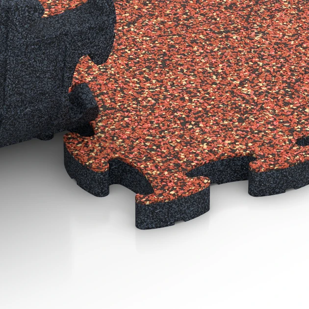 Großaufnahme vom Verbindungssystem von WARCO-Boden 6944 - Lastra terrazza in gomma im Farbdesign Etna. Abmessungen 44,6 x 44,6 × 2,8 cm.