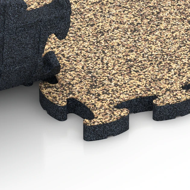 Großaufnahme vom Verbindungssystem von WARCO-Boden 6849 - Fitness Active Floor System im Farbdesign Rattan Lounge. Abmessungen 44,6 x 44,6 × 2,8 cm.
