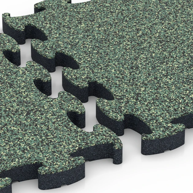Großaufnahme vom Verbindungssystem von WARCO-Boden 6879 - Fitness Max Floor System im Farbdesign Prato inglese. Abmessungen 44,6 x 44,6 × 2,8 cm.