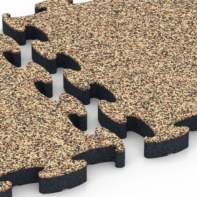 Großaufnahme vom Verbindungssystem von WARCO-Boden 6880 - Fitness Max Floor System im Farbdesign Terracotta. Abmessungen 44,6 x 44,6 × 2,8 cm.