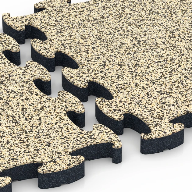 Großaufnahme vom Verbindungssystem von WARCO-Boden 6883 - Fitness Max Floor System im Farbdesign Travertino. Abmessungen 44,6 x 44,6 × 2,8 cm.