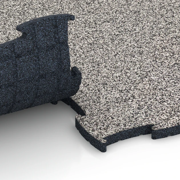Großaufnahme vom Verbindungssystem von WARCO-Boden 6851 - Fitness Active pavimento im Farbdesign Granito grigio. Abmessungen 97,1 x 97,1 x 2,8 cm.