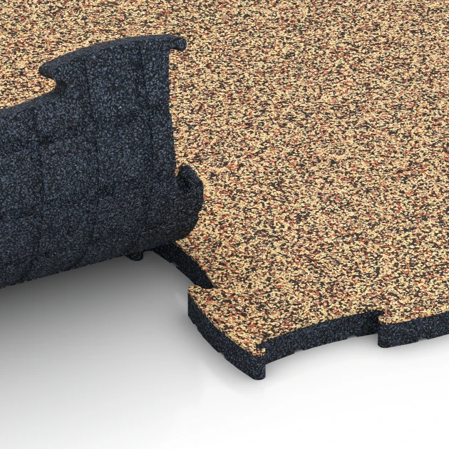 Großaufnahme vom Verbindungssystem von WARCO-Boden 6853 - Fitness Active Floor System im Farbdesign Terra Cotta. Abmessungen 97,1 x 97,1 x 2,8 cm.