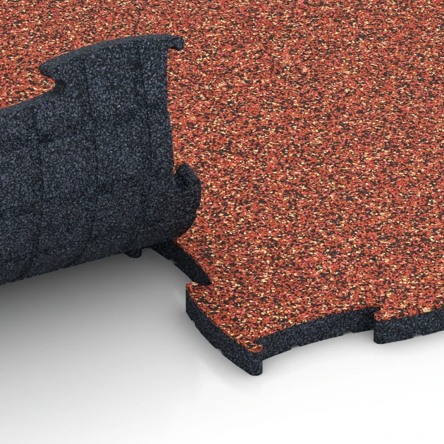 Großaufnahme vom Verbindungssystem von WARCO-Boden 6854 - Fitness Active pavimento im Farbdesign Etna. Abmessungen 97,1 x 97,1 x 2,8 cm.