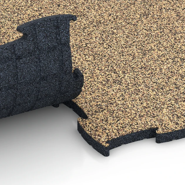 Großaufnahme vom Verbindungssystem von WARCO-Boden 6858 - Fitness Active Floor System im Farbdesign Rattan Lounge. Abmessungen 97,1 x 97,1 x 2,8 cm.