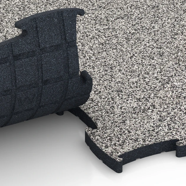 Großaufnahme vom Verbindungssystem von WARCO-Boden 6887 - Fitness Max Floor System im Farbdesign Granito grigio. Abmessungen 97,1 x 97,1 x 2,8 cm.