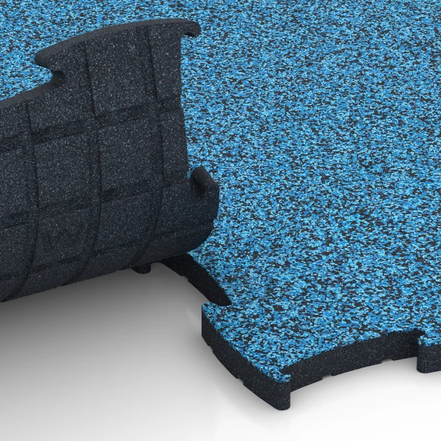 Großaufnahme vom Verbindungssystem von WARCO-Boden 6893 - Fitness Max Floor System im Farbdesign Atlantik. Abmessungen 97,1 x 97,1 x 2,8 cm.